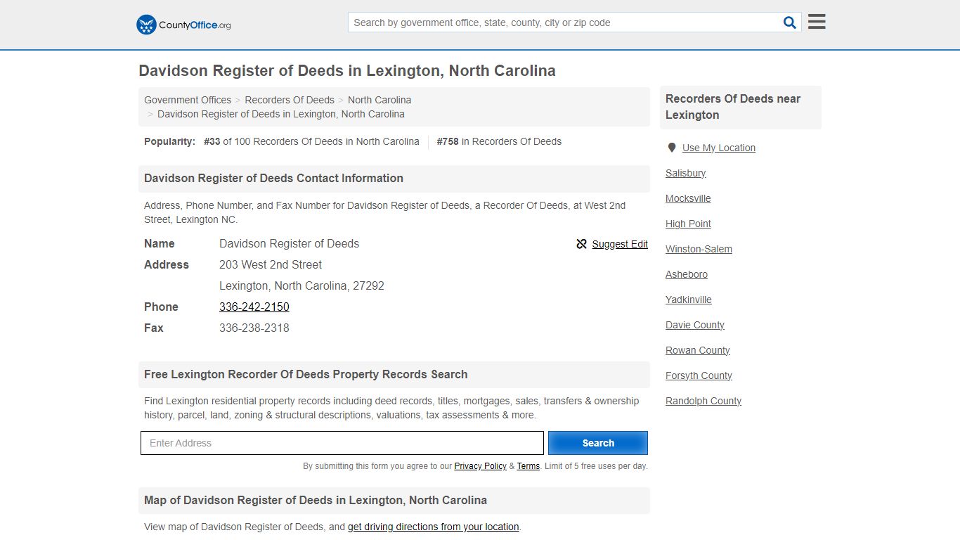 Davidson Register of Deeds in Lexington, North Carolina - County Office